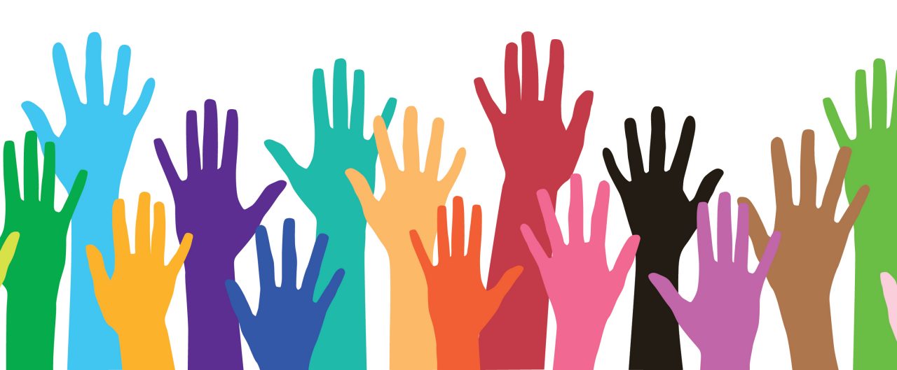 illustration of multi-colored raised hands