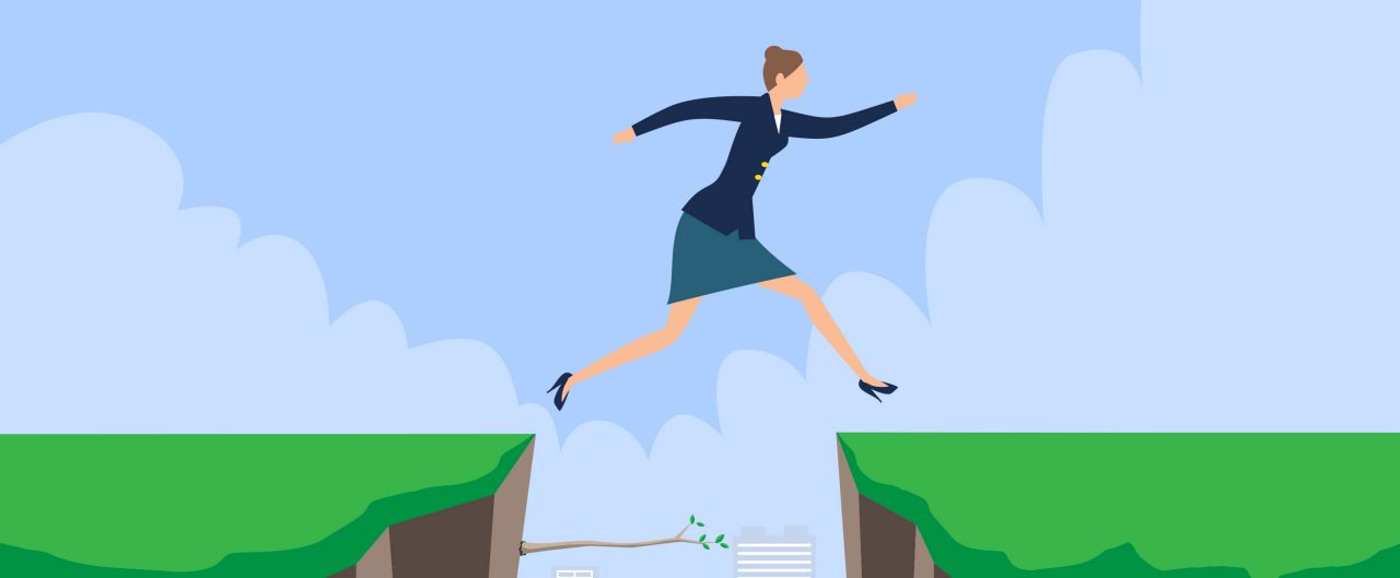 Illustration of a business woman jumping over a gap