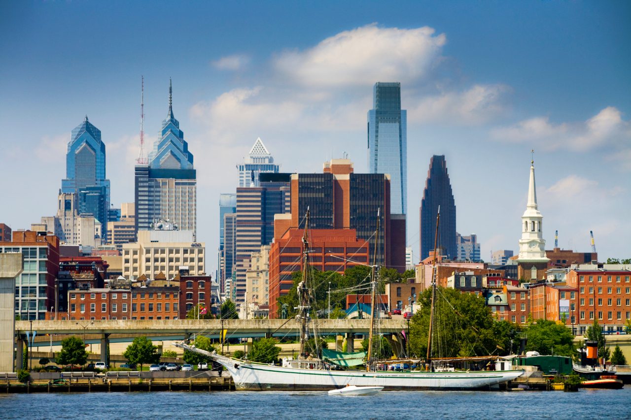 Philadelphia City skyline with ship in the water