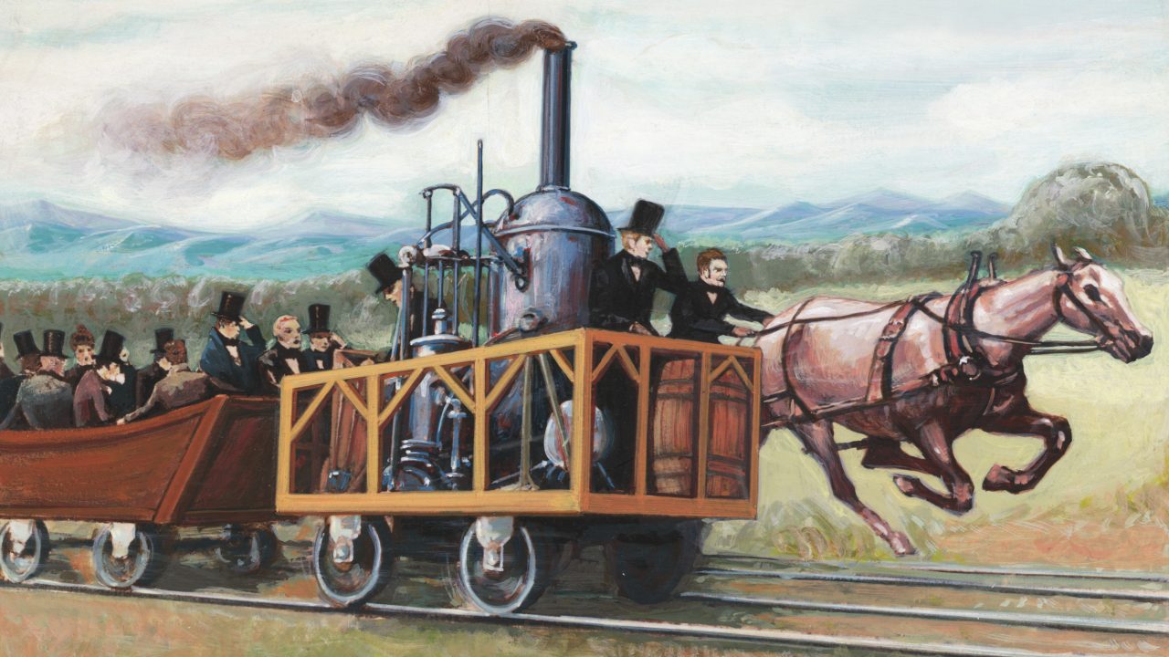 Illustration depicting the Aug. 25, 1830 race between Peter Cooper's Tom Thumb locomotive and a B&O horsedrawn car from Ellicott's Mills to Baltimore.