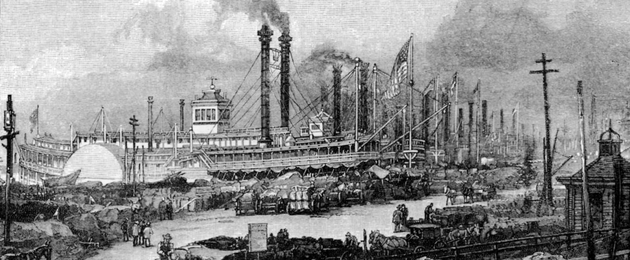 Engraving shows riverboats docked along a levee while horse-drawn wagon deliver supplies, New Orleans, Louisiana, 1830s