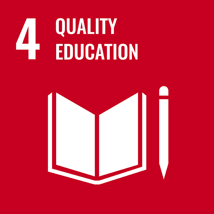 Cartoon book and pen below the words "4 - Quality Education"
