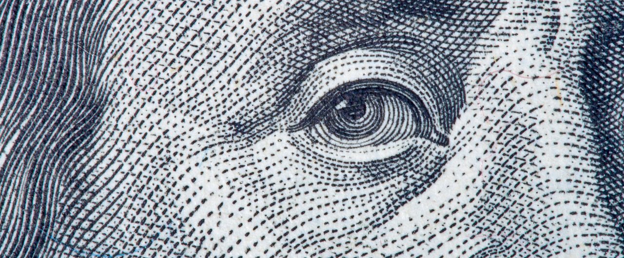 Benjamin Franklin close-up from one hundred dollar bill
