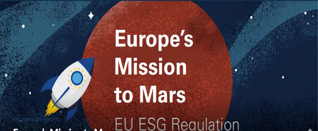 Planet Mars with rocket going toward it with words europe's mission to mars eu esg regulation