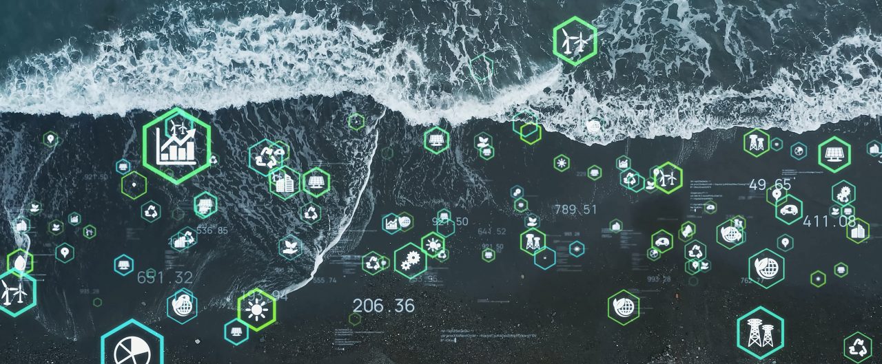 Birds eve view of the sea with abstract ESG icons and numbers featured over the top