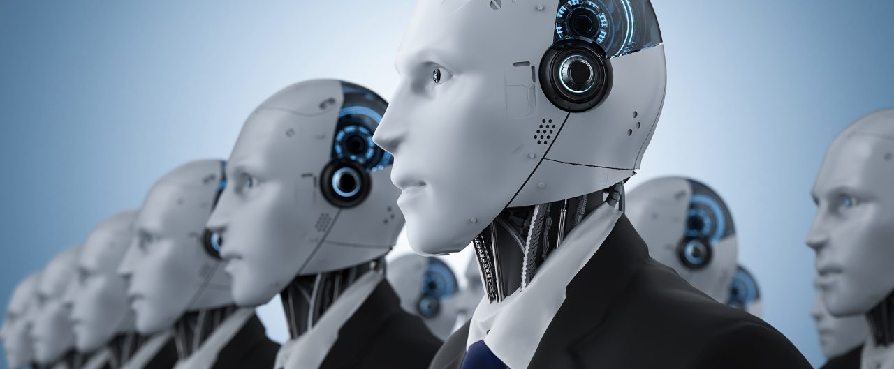 Humanoid robots dressed as businessmen