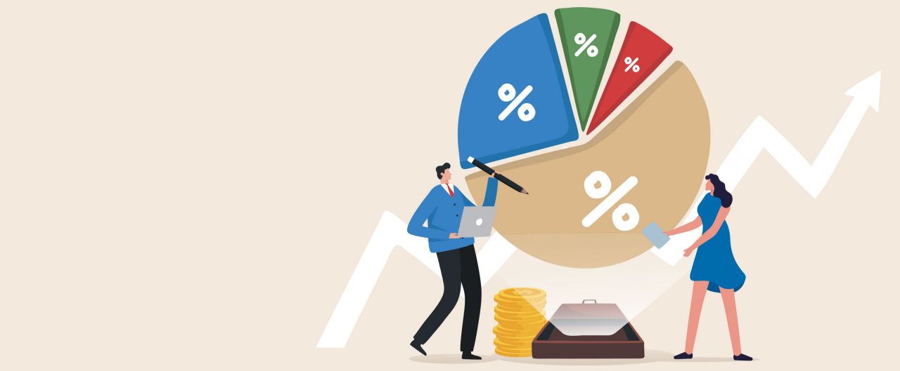 Male and female characters reviewing an investment portfolio. 