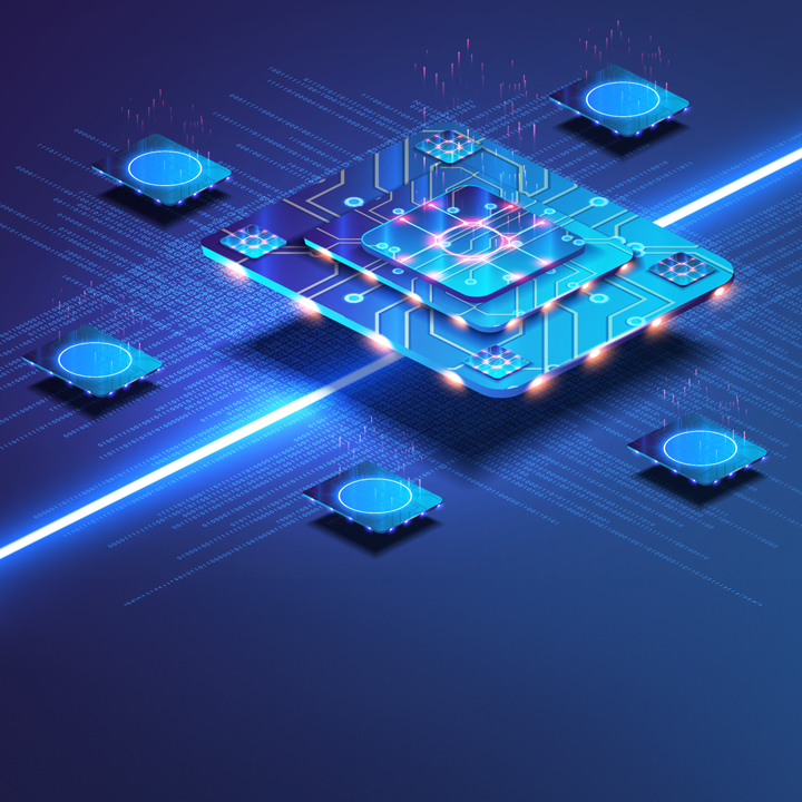 Futuristic microchip processor with lights on the blue background.