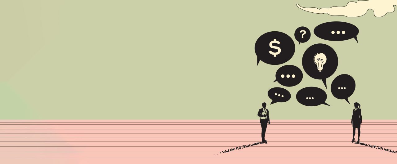 Two talking business people with discussion message bubbles in minimalistic vintage style. Concept of communication.