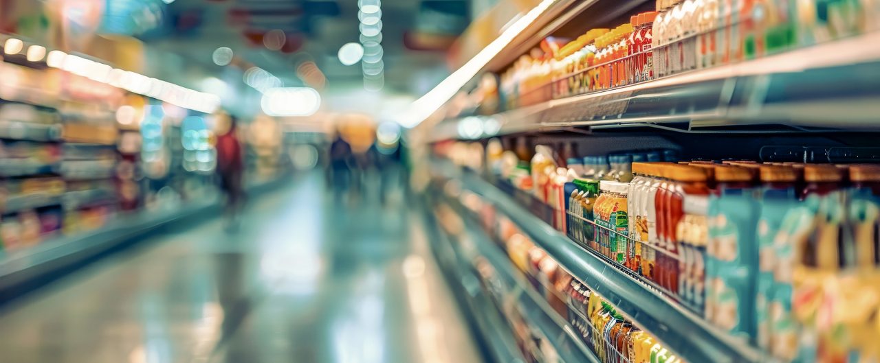 Supermarket aisle filled with rows of packaged goods blurred shoppers in the background