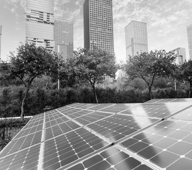 Solar Panels with city skyline in background