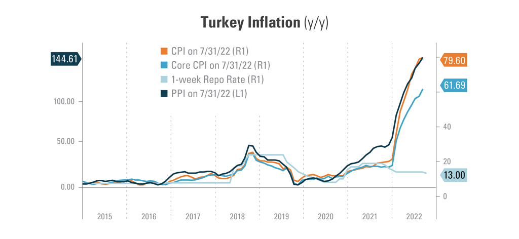 Graph representing Turkey’s Inflation year-over-year from 2015 to 2022. Comparing CPI on 7/31/2022 (79.60), Core CPI on 7/31/2022 (61.69), 1-week Repo rate (13.00), and PPI on 7/31.2022 (144.61).