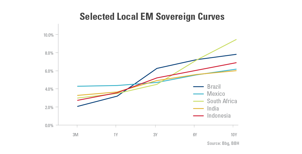 Graph showing the selected local EM sovereign curves in select countries from 3 months-10 years. 