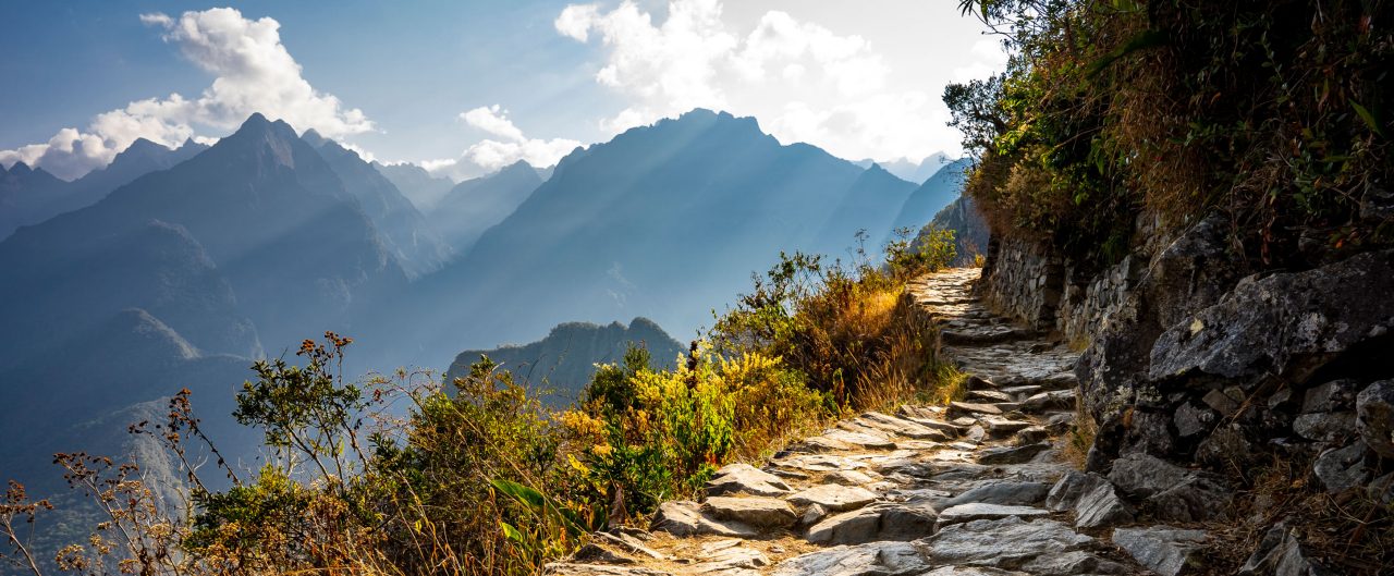Sun beams through the cloud forest next to a partially lit Inca Trail