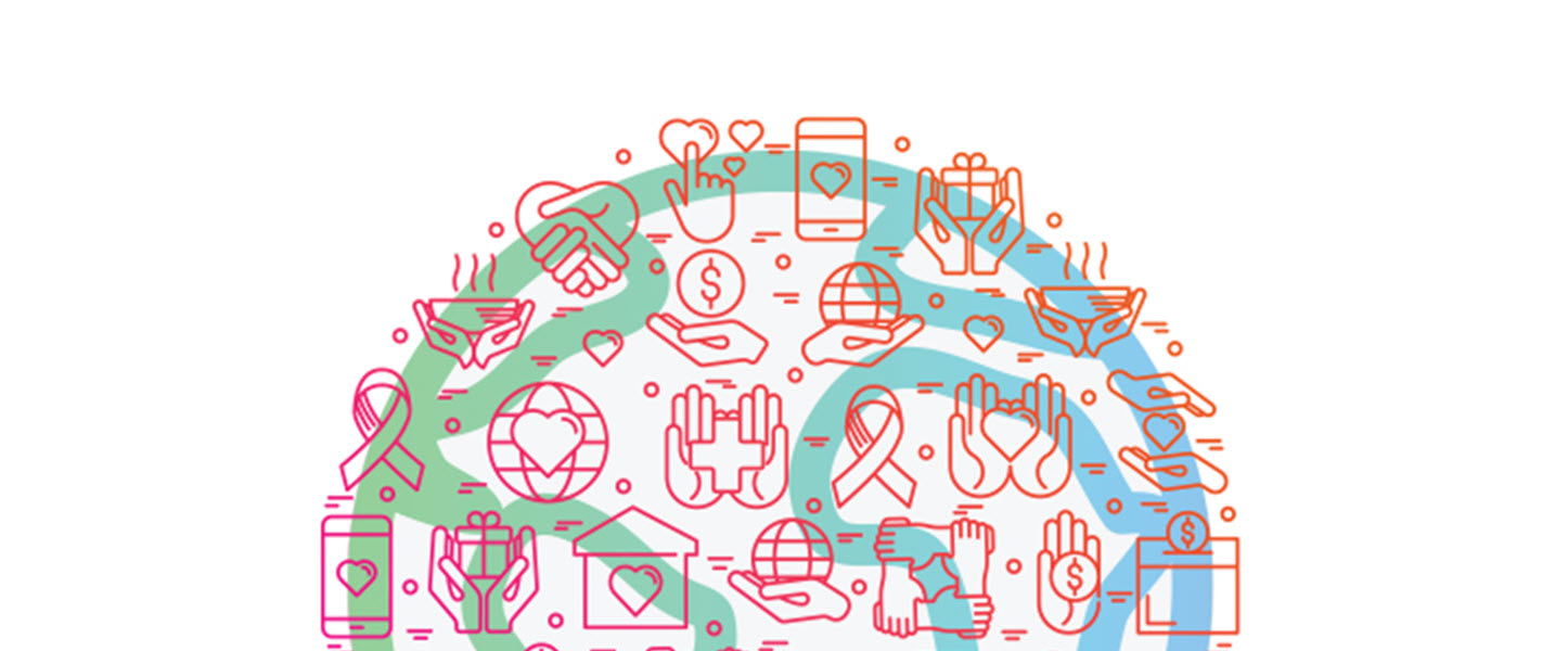 Top half of a cartoon globe with hands on it, peace sign, handshakes