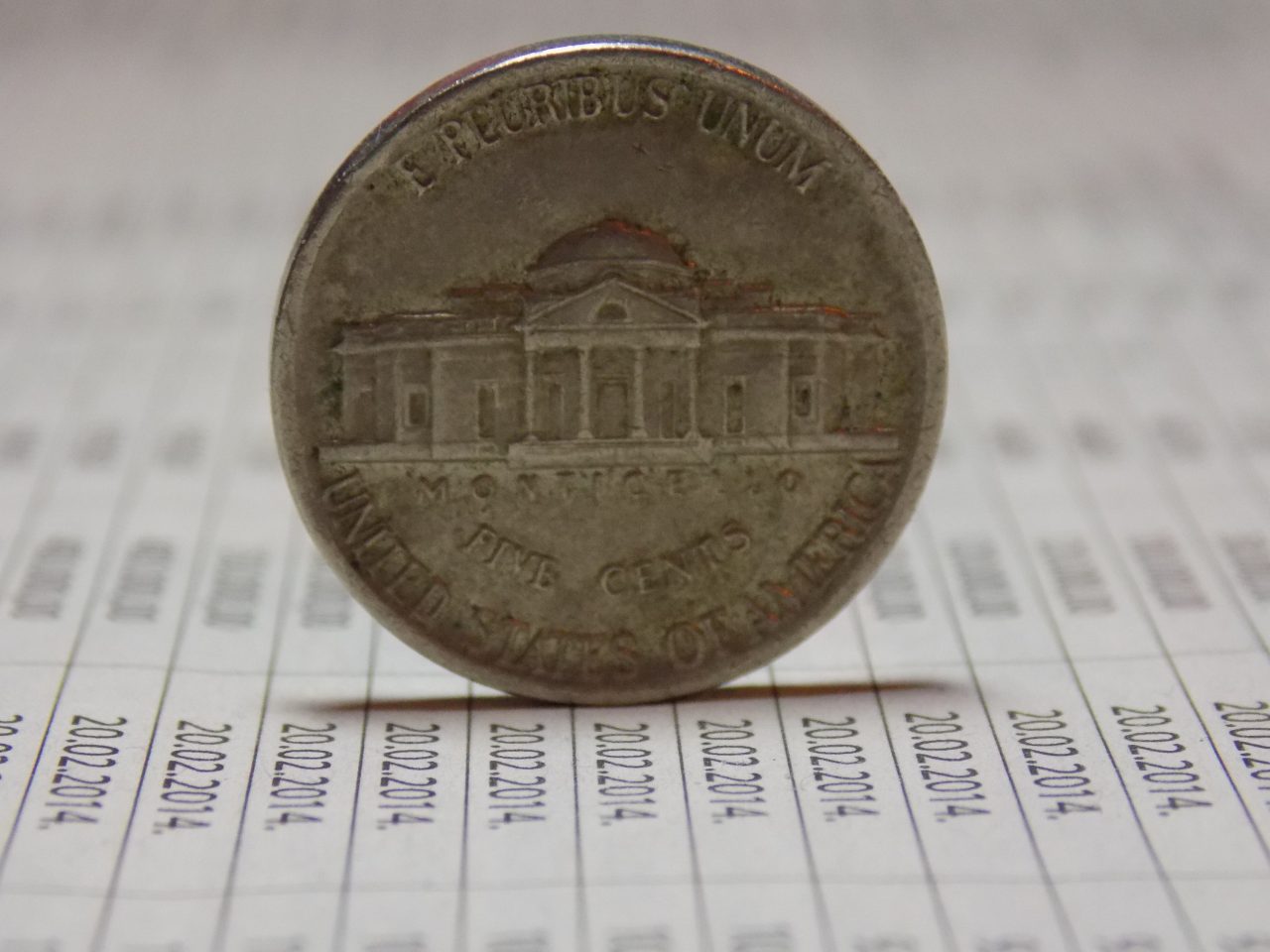 Five US cents coin on financial paper