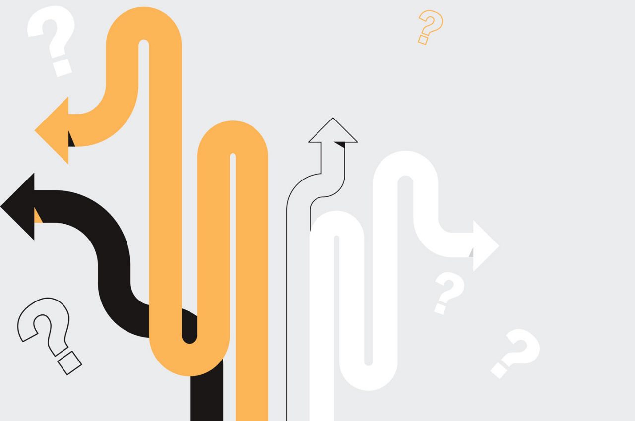 Business decision making, career path, work direction or choose the right way to success concept, confusing woman or student looking at crossroad sign with question mark and think which way to go.