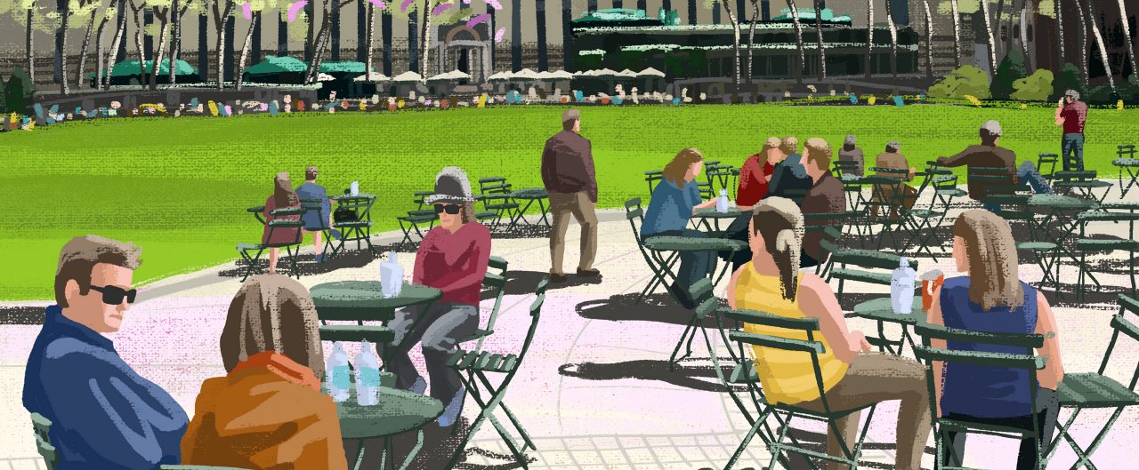 Painting of people sitting at tables in Bryant Park