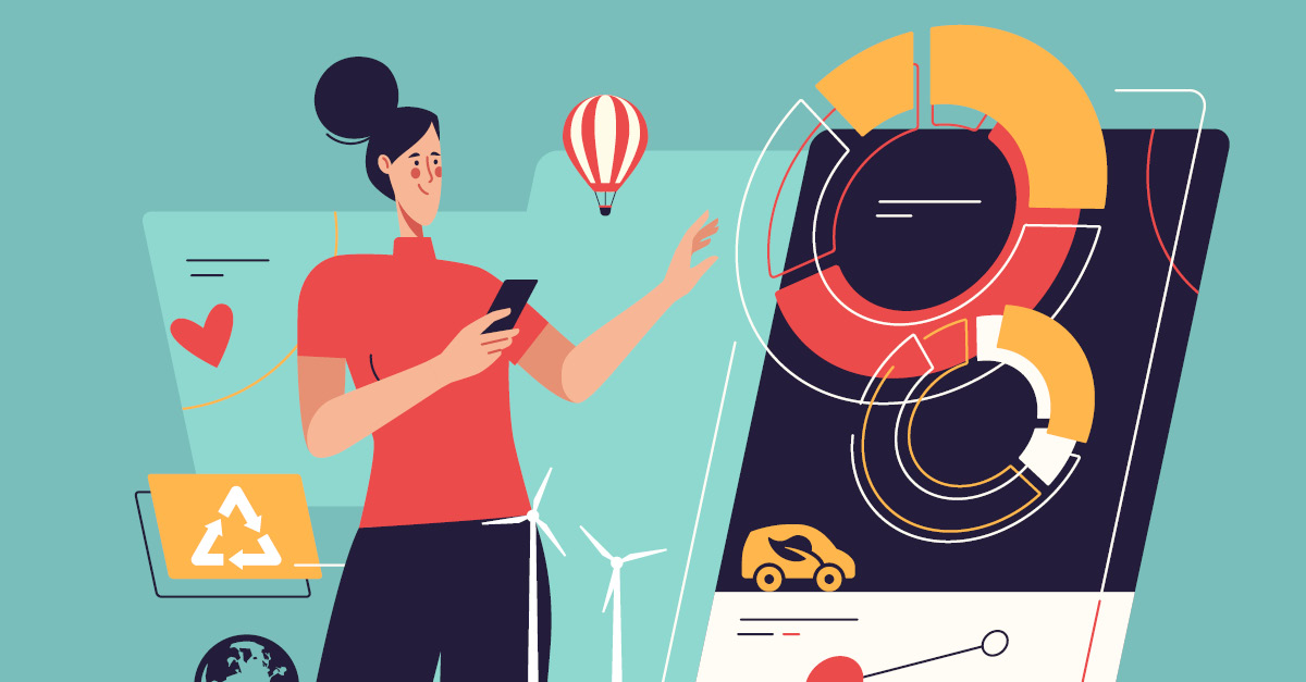 Illustration of woman overlooking her investments.