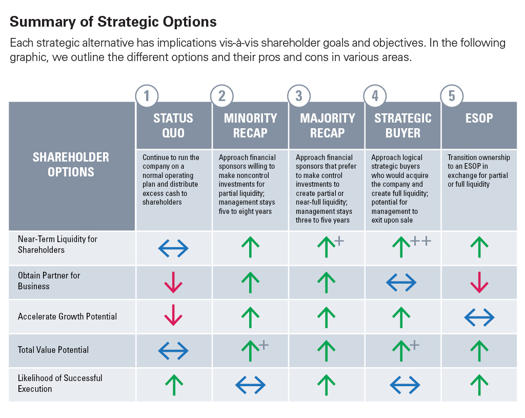 Each strategic alternative has implications vis-a-vis shareholder goals and objectives. In the following graphic, we outline the different options and their pros and cons in various areas.