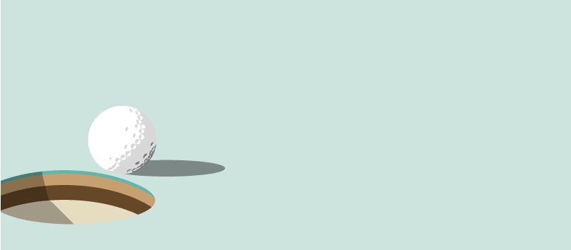 Golf ball on the edge of the hole on a light green background