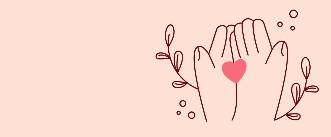 line art of hands & heart on pink background