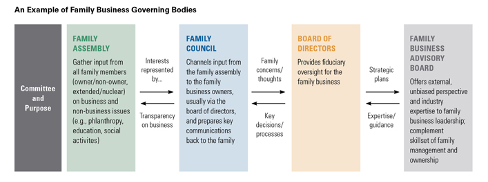 Hypotehtical governing bodies of a family business, including family assembly, family council, board of directors, and a family advisory board