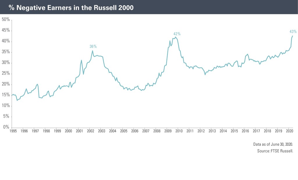 Negative earnings in the Russell 2000 from 1995 to 2020 