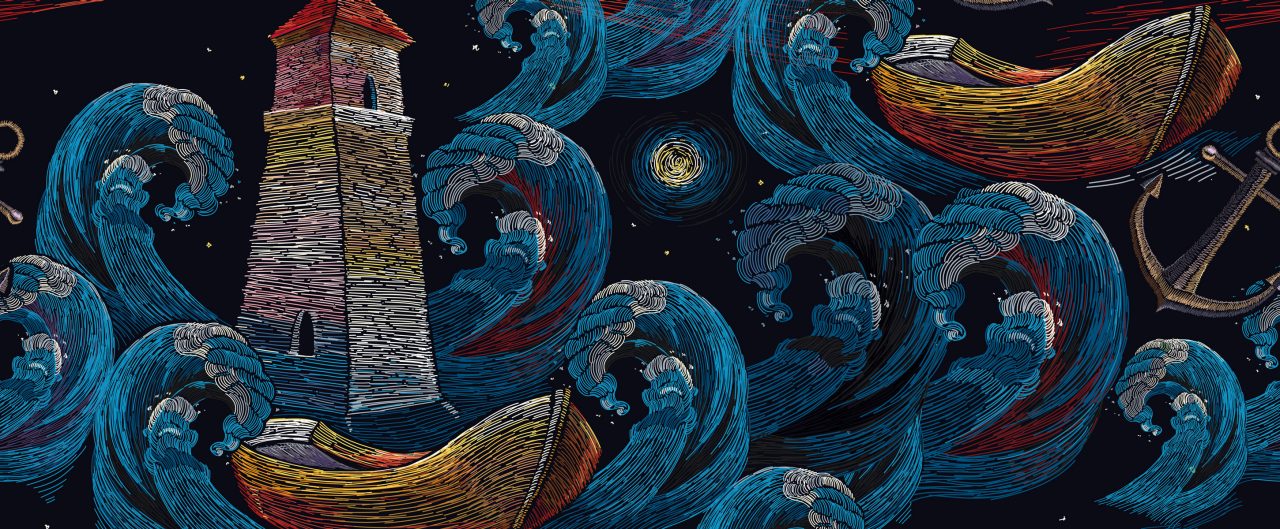 Classical embroidery impressionism style lighthouse and storm in ocean.