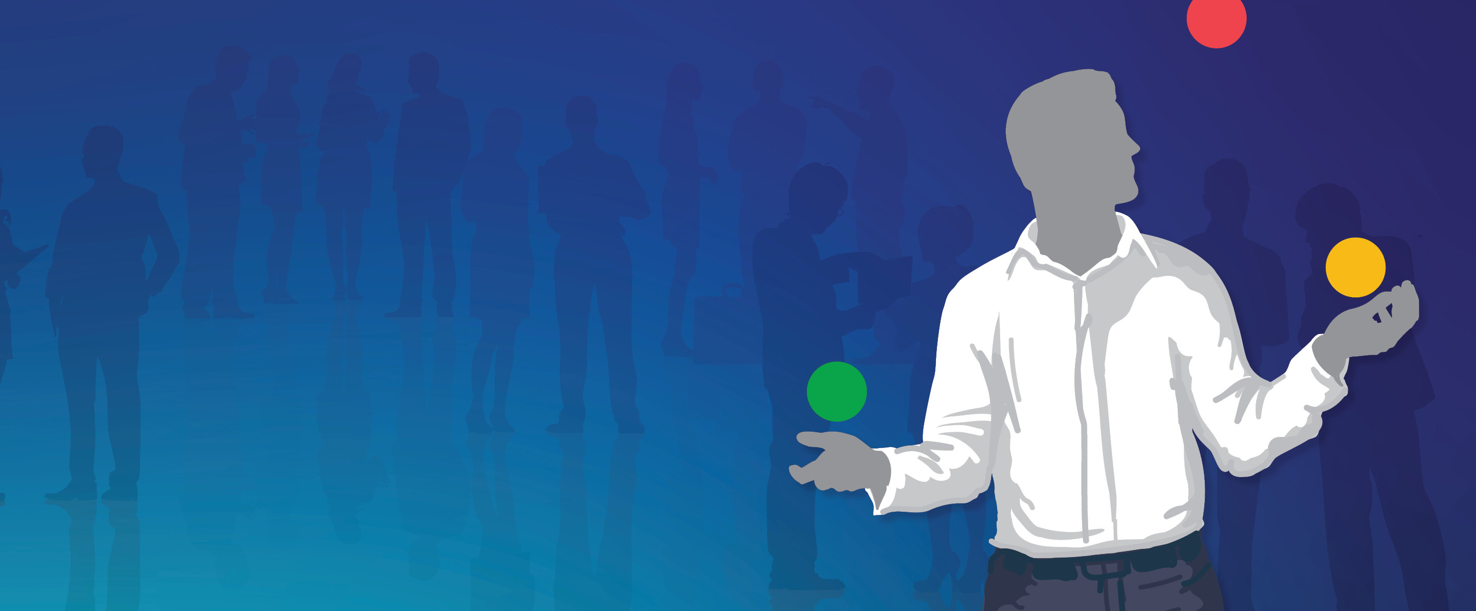 Male figure juggling three colored balls on gradient background