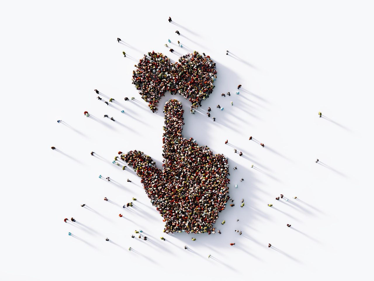 Crowd of people forming a donation symbol on white background