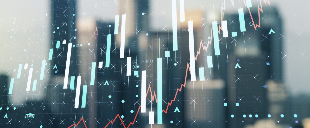 Multi exposure of abstract virtual financial graph hologram on blurry skyline background, forex and investment concept