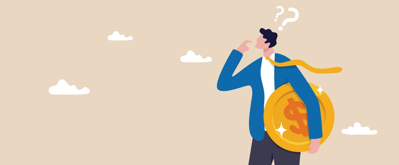 Money question, where to invest, pay off debt or invest to earn profit, financial choice or alternative to make decision concept, businessman investor holding money coin thinking about investment.