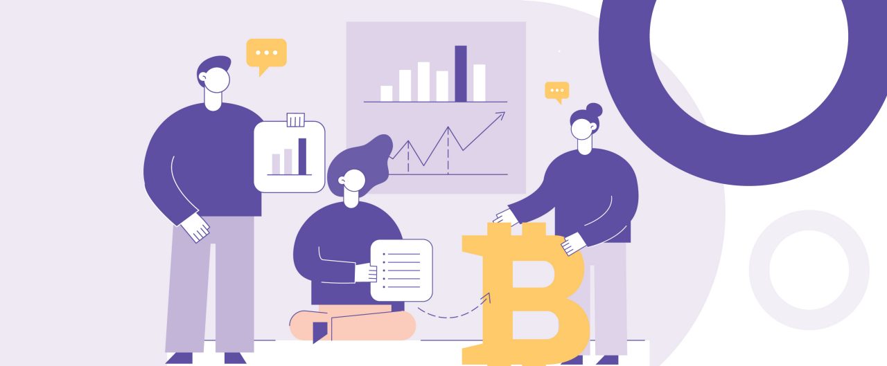 Three people standing area financial charts and graphs and life-size bit-coin symbols