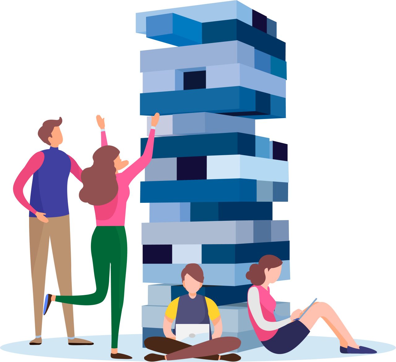 People playing life-sized blue Jenga