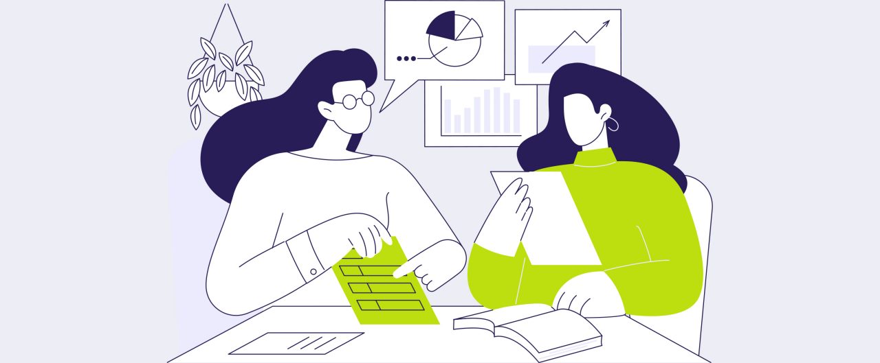 Illustration of two women working together. One is pointing a document with charts and graphs.