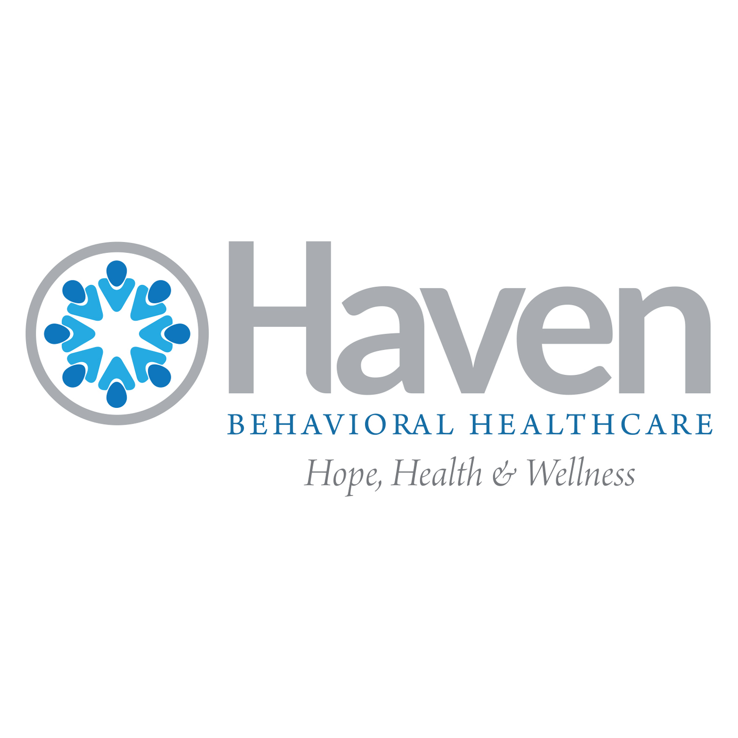 Haven Behavioral Healthcare logo written in grey and blue with a blue and grey circle  snowflake icon to the left
