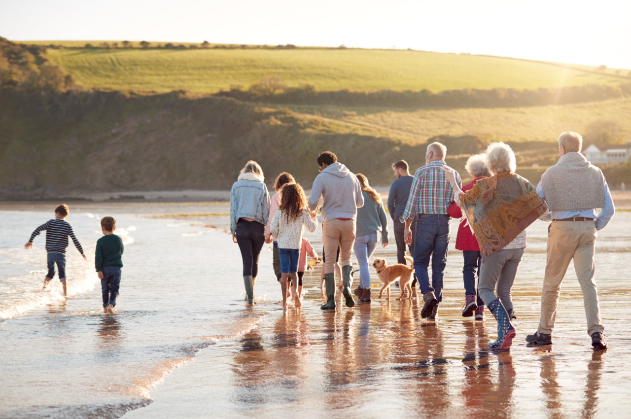 Rear-View of an Active Multi-Generation Family With Dog Walking Along Shore On Beach.