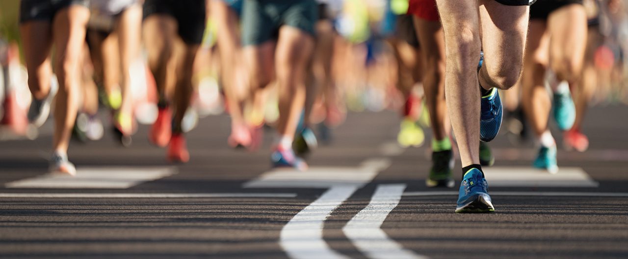 Marathon running race, large group of runners