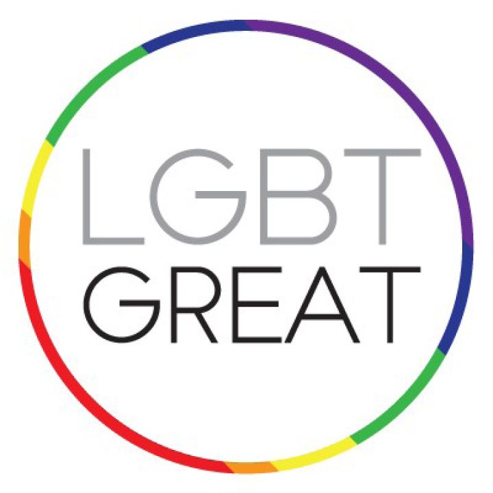 LGBT Great logo - which consists of a white circle with the colours of the LGBT flag on the border and the words 'LGBT Great ' written in the middle