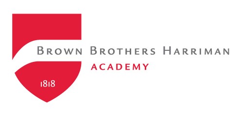 Brown Brothers Harriman Academy logo written in grey and red with a red flag on the left with the founding year, 1818 on it.
