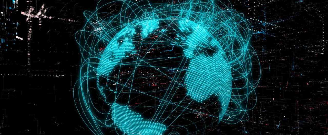 Blue and black globe with a glowing web of lines surrounding it