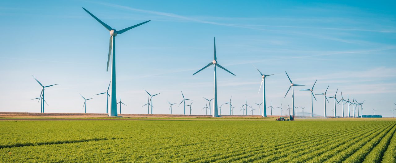 Drone view at windpark westermeerdijk a windmill farm in the lake IJsselmeer the biggest in the Netherlands