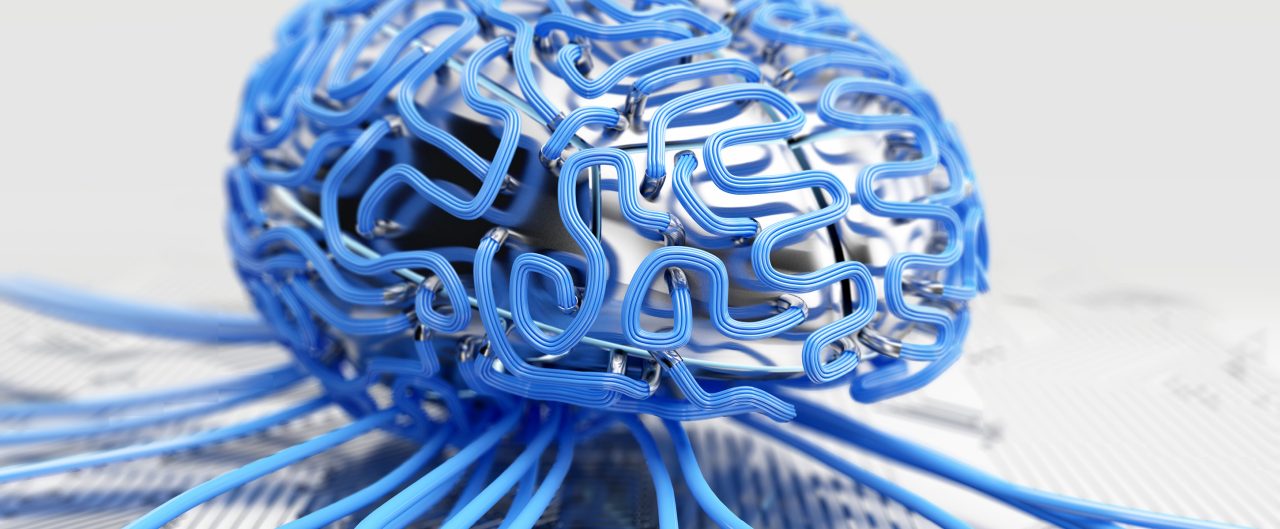 Steel brain with wires and cables. 3D illustration