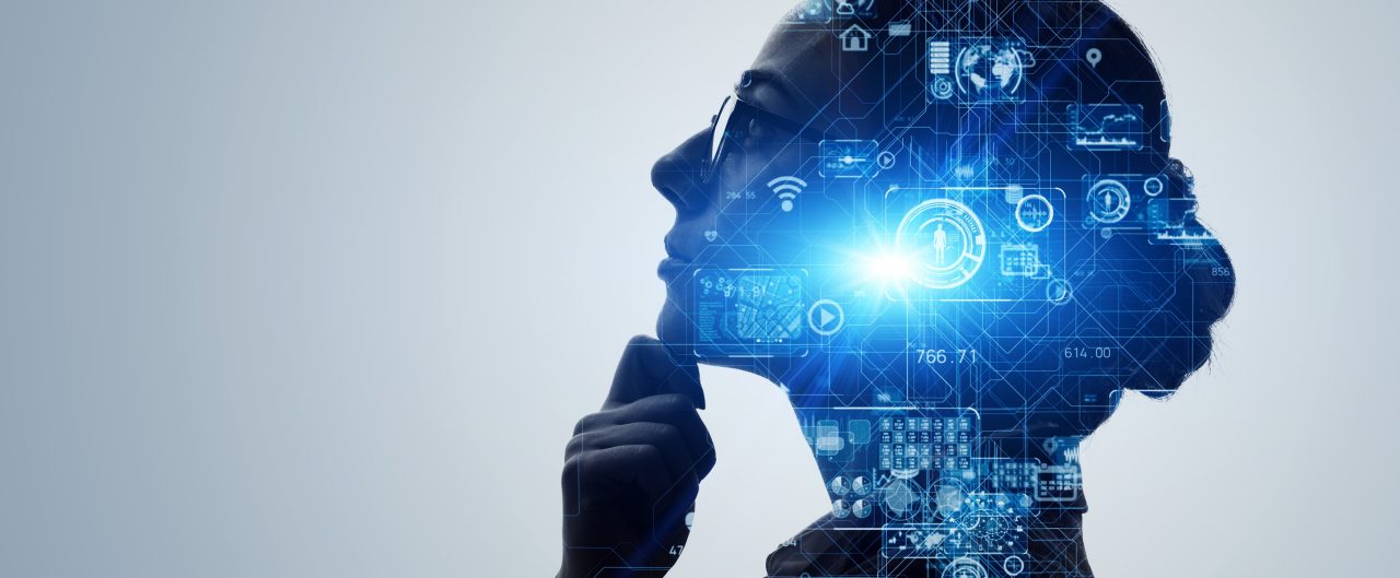 Image of a business woman thinking with blue abstract graphics around her face