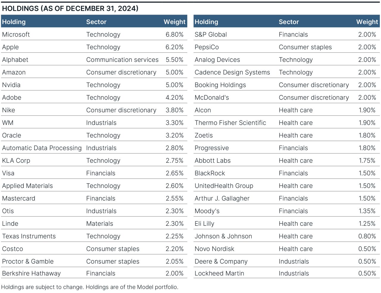 Table depicting portfolio holdings as of Q4 2024.  