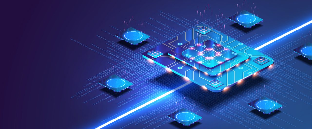 Futuristic microchip processor with lights on the blue background.