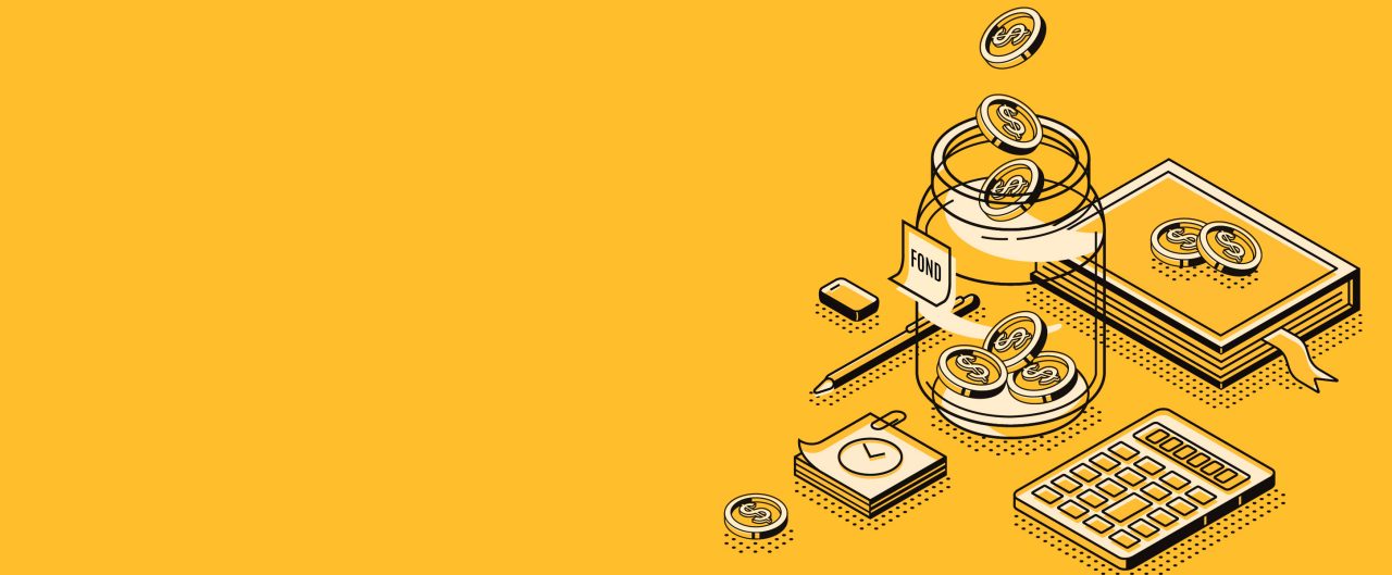 Dollar coins falling to glass jar with books and stationary around 3d vector illustration line art 