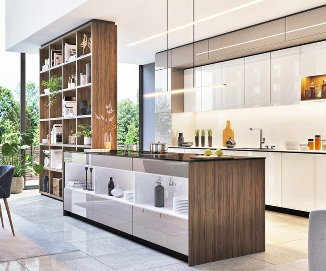 Modern black kitchen and dining area