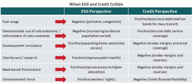 Fuel usage, demonstrated use of rate autonomy, down payment assistance,  charity care or research, need-based financial aid, and unionized work force, looked at in both an ESG Perspective and a Credit Perspective